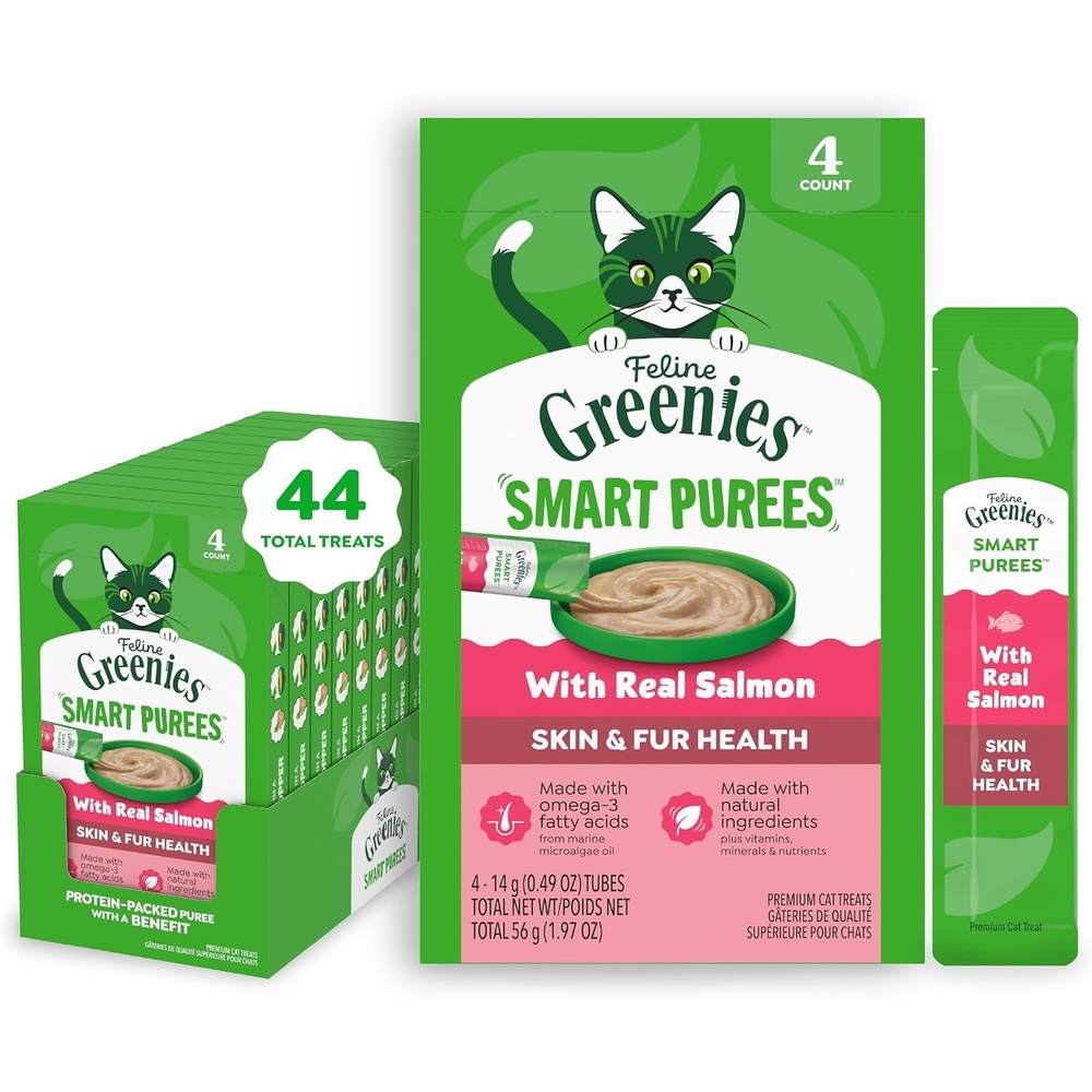 image:imageGreenies Feline Smart Purees Cat Treat Skin amp Fur Health 4 Count 11 Pack  Grainfree Real salmon Omega3 from marine microalgae oil no carrageenan hydrating complete amp balanced 049 oz TubesSalmon
