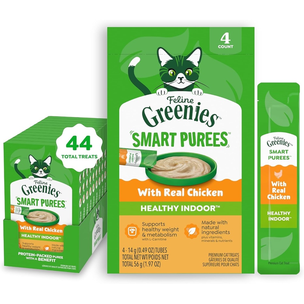 image:imageGreenies Feline Smart Purees Cat Treat Skin amp Fur Health 4 Count 11 Pack  Grainfree Real salmon Omega3 from marine microalgae oil no carrageenan hydrating complete amp balanced 049 oz TubesChicken