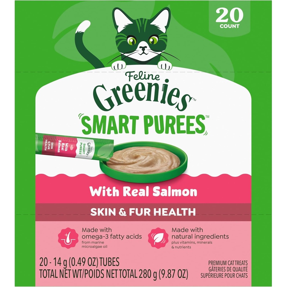 image:imageGreenies Feline Smart Purees Skin amp Fur Health Lickable Cat Treats with Real Salmon 049 oz Tubes 20 Count  Grainfree Omega3 from marine microalgae oil real salmon protein no carrageenan moisturerich nutritionally complete