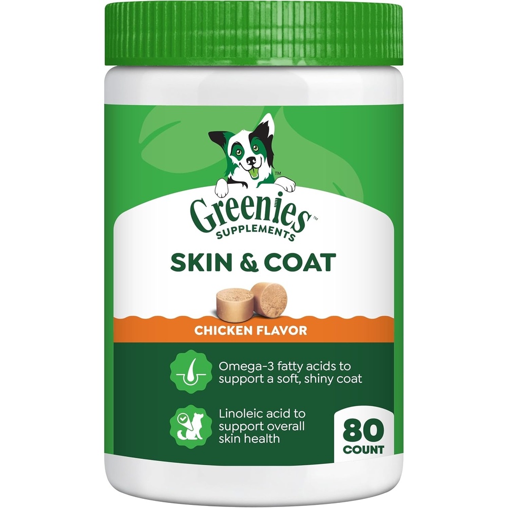 image:imageGreenies Supplements Skin amp Coat Soft Dog Chews Chicken Flavor 80 Count  Made in USA vetrecommended Omega3 EPA DHA amp ALA Omega6 linoleic acid zinc real chicken NASC Quality Seal