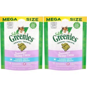Greenies Feline Natural Crunchy Dental Cat Treats, Salmon Flavor, 4.6 oz | #1 vet-recommended, clinically-proven oral care, 36% less tartar in 28 days, cleans to gumline, natural ingredients(Succulent Shrimp)