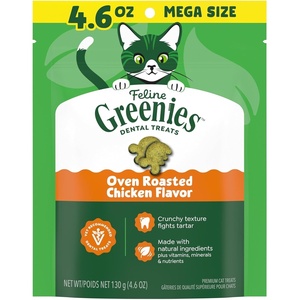 Greenies Feline Natural Dental Cat Treats, Roasted Chicken Flavor, 21 oz | #1 vet-recommended, 36% less tartar in 28 days, cleans to gumline, under 2 calories per treat, natural ingredients(4.6 Ounce (Pack of 1))