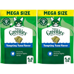 Greenies Feline Natural Dental Cat Treats, Tempting Tuna Flavor, 4.6 oz | #1 veterinarian-recommended, 36% less tartar in 28 days, cleans to gumline, crunchy texture, natural ingredients(4.6 Ounce (Pack of 2))