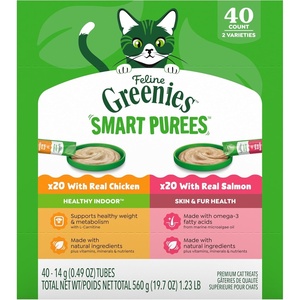 Greenies Feline Smart Purees Cat Treat, Skin & Fur Health, 4 Count, 11 Pack | Grain-free, Real salmon, Omega-3 from marine microalgae oil, no carrageenan, hydrating, complete & balanced, 0.49 oz. Tubes(Variety Pack: Chicken & Salmon)