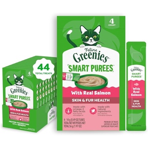 Greenies Feline Smart Purees Cat Treat, Skin & Fur Health, 4 Count, 11 Pack | Grain-free, Real salmon, Omega-3 from marine microalgae oil, no carrageenan, hydrating, complete & balanced, 0.49 oz. Tubes(Salmon)