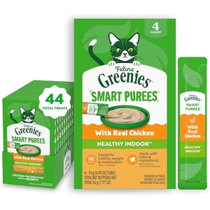 Greenies Feline Smart Purees Cat Treat, Skin & Fur Health, 4 Count, 11 Pack | Grain-free, Real salmon, Omega-3 from marine microalgae oil, no carrageenan, hydrating, complete & balanced, 0.49 oz. Tubes(Chicken)