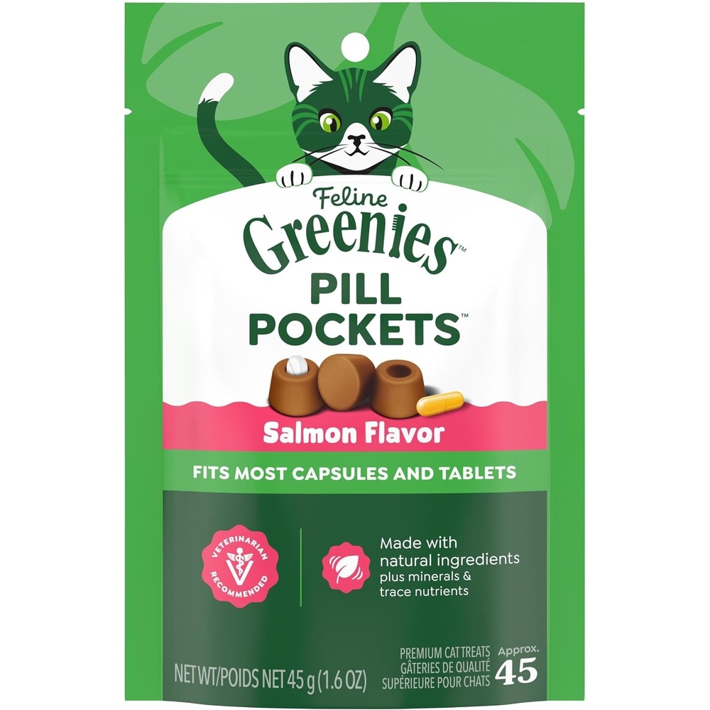 image:imageGreenies Feline Pill Pockets Soft Cat Treats Catnip Flavor 45 Count  1 vetrecommended natural ingredients no artificial flavors or preservatives capsule size moldable pocketSalmon