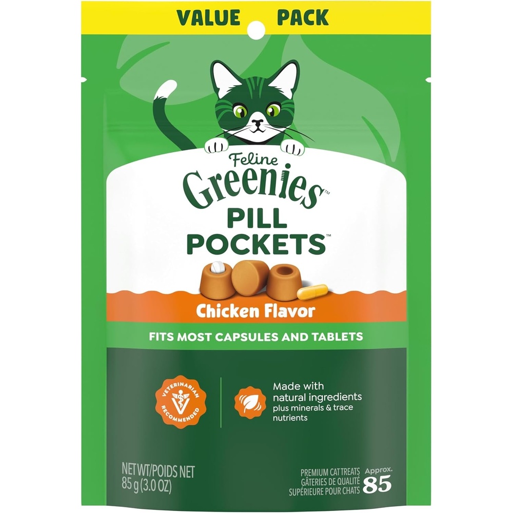 image:imageGreenies Feline Pill Pockets Soft Cat Treats Catnip Flavor 45 Count  1 vetrecommended natural ingredients no artificial flavors or preservatives capsule size moldable pocketChicken