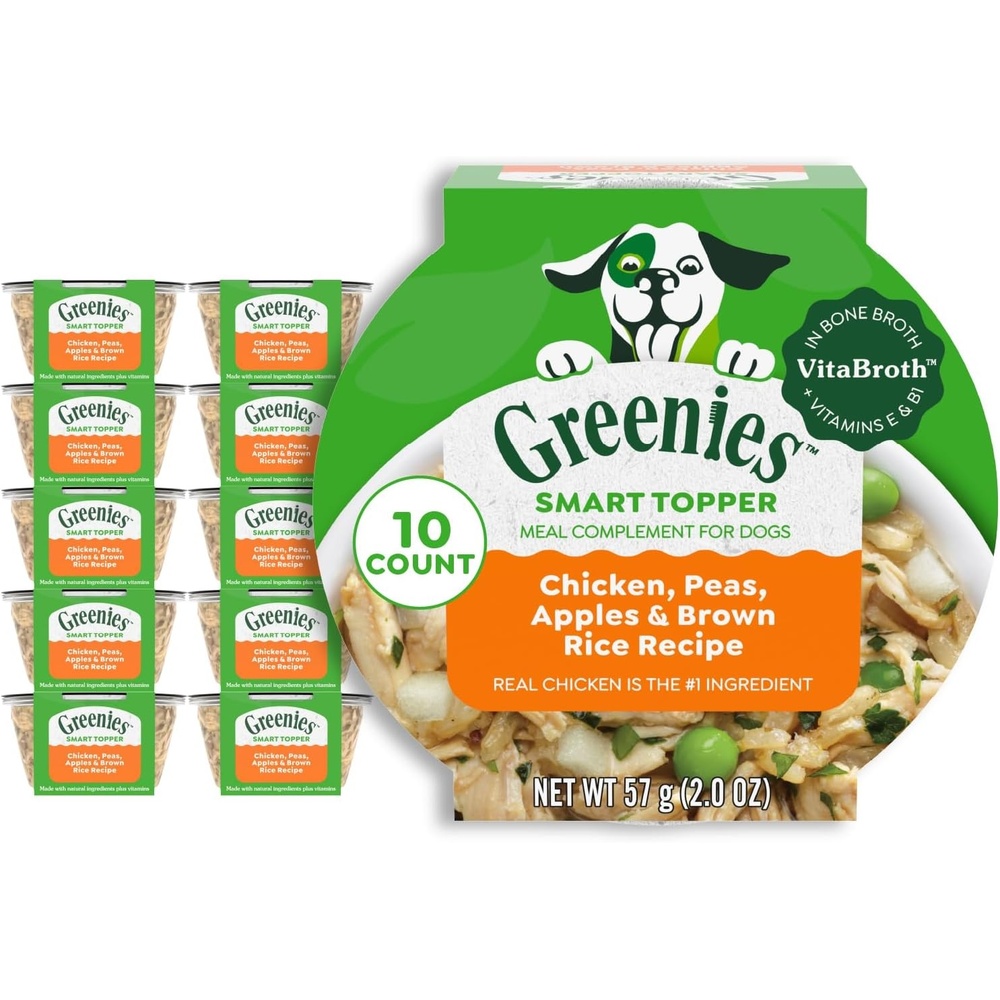 image:imageGreenies Smart Topper Wet Dog Food Complement Chicken Pack 2 oz 20 ct  Grainfree Chicken amp Beef recipes Bone Broth Vitamin E immune support no corn wheat soy serve as topper or snackChicken  Peas   Apple