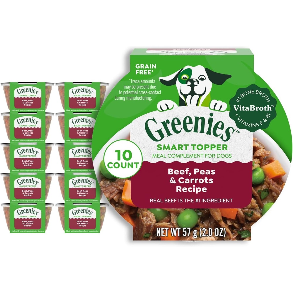 image:imageGreenies Smart Topper Wet Dog Food Complement Chicken Pack 2 oz 20 ct  Grainfree Chicken amp Beef recipes Bone Broth Vitamin E immune support no corn wheat soy serve as topper or snackBeef
