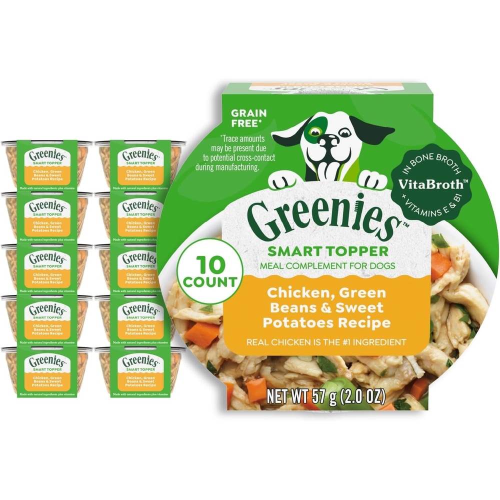 image:imageGreenies Smart Topper Wet Dog Food Complement Chicken Pack 2 oz 20 ct  Grainfree Chicken amp Beef recipes Bone Broth Vitamin E immune support no corn wheat soy serve as topper or snackChicken  Green Beans   Sweet Potato