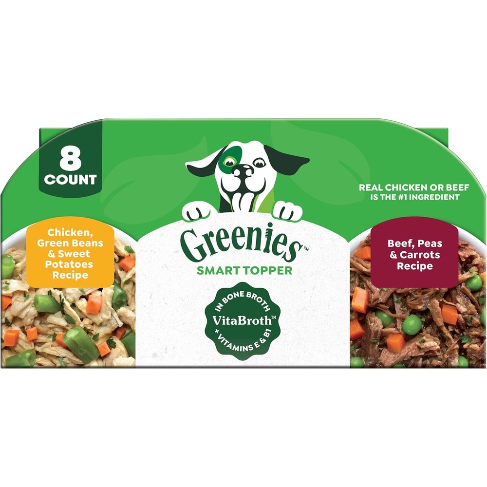 image:imageGreenies Smart Topper Wet Dog Food Complement Chicken Pack 2 oz 20 ct  Grainfree Chicken amp Beef recipes Bone Broth Vitamin E immune support no corn wheat soy serve as topper or snackVariety Pack Beef  Chicken