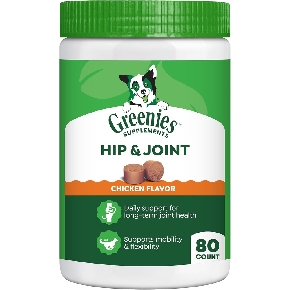 image:imageGreenies Supplements Hip amp Joint Soft Dog Chews Chicken Flavor 80 Count  500 mg Glucosamine 400 mg Chondroitin supports joints amp mobility NASC Quality Seal real chicken made in USA80 Count Pack of 1