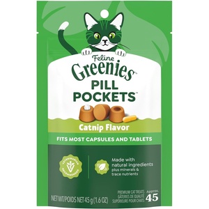 Greenies Feline Pill Pockets Soft Cat Treats, Catnip Flavor, 45 Count | #1 vet-recommended, natural ingredients, no artificial flavors or preservatives, capsule size, moldable pocket(Catnip)