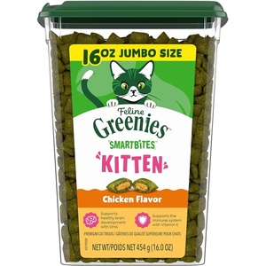 Greenies Feline Smartbites Kitten Treats, Chicken Flavor, 2.1 oz | DHA for brain & vision development, supports immune system, under 2 cal/treat, no artificial flavors/preservatives, 1 lb. tub(1 Pound (Pack of 1))