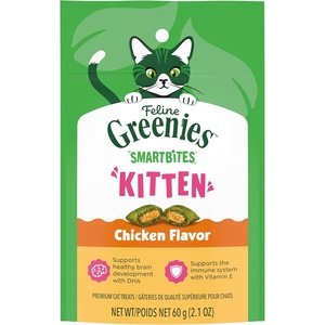 Greenies Feline Smartbites Kitten Treats, Chicken Flavor, 2.1 oz | DHA for brain & vision development, supports immune system, under 2 cal/treat, no artificial flavors/preservatives, 1 lb. tub(2.1 Ounce (Pack of 1))