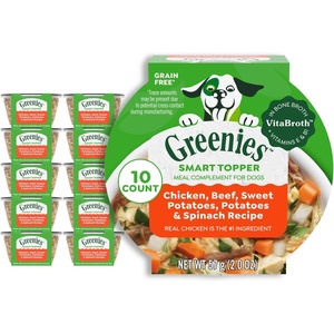 Greenies Smart Topper Wet Dog Food Complement, Chicken Pack, 2 oz, 20 ct | Grain-free, Chicken & Beef recipes, Bone Broth, Vitamin E immune support, no corn, wheat, soy, serve as topper or snack(Chicken & Beef)