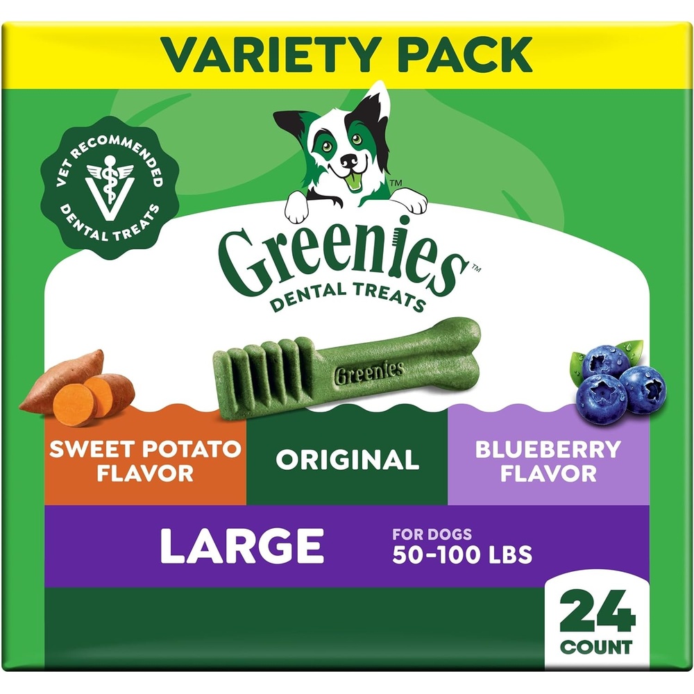 image:imageGreenies Large Natural Dental Dog Treats Blueberry Flavor 8 Count  Veterinarianrecommended for dogs 50100 lbs promotes oral health amp fresh breath 12 oz Pack clinically proven no fillersOriginal  Blueberry   Sweet Potato Variety Pack