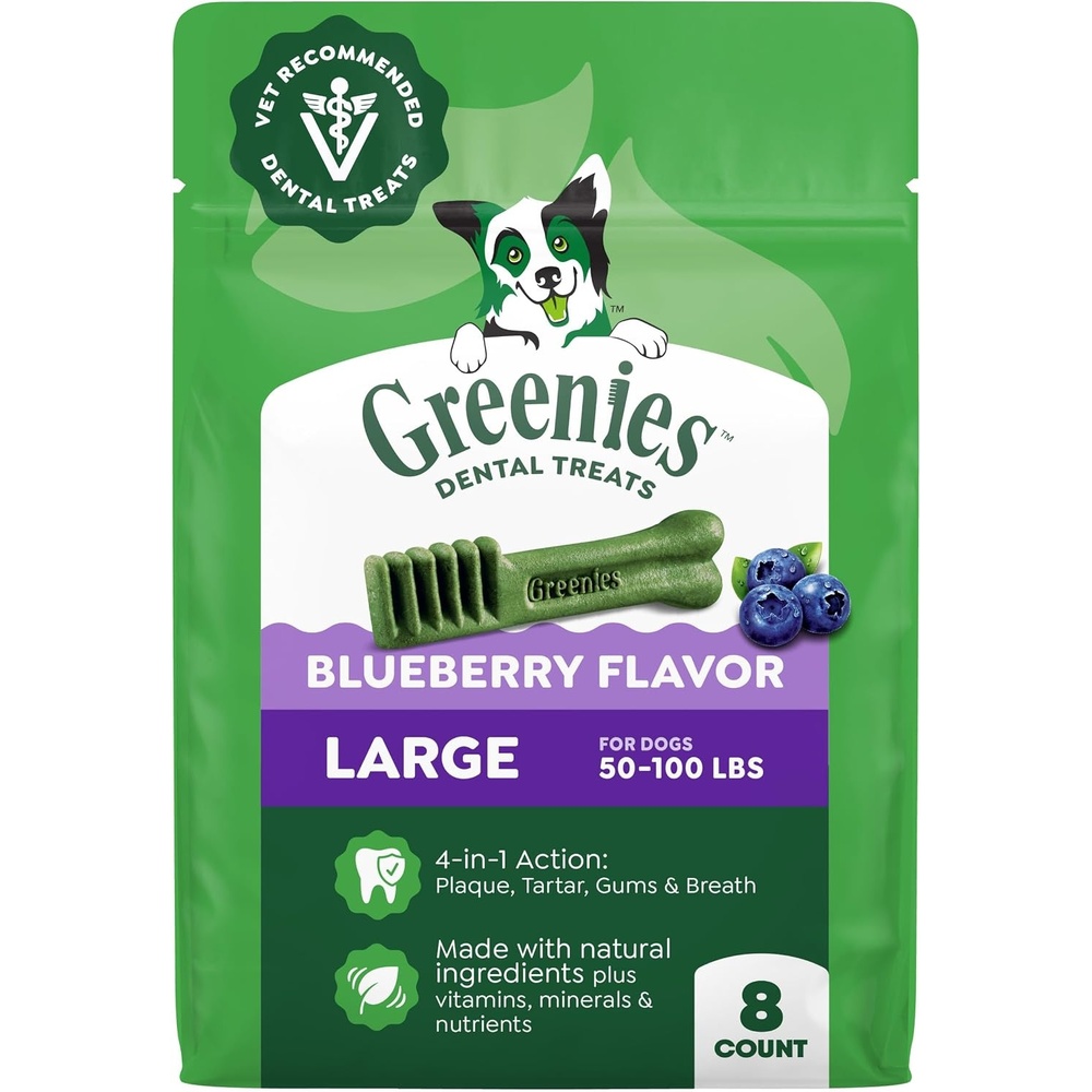 image:imageGreenies Large Natural Dental Dog Treats Blueberry Flavor 8 Count  Veterinarianrecommended for dogs 50100 lbs promotes oral health amp fresh breath 12 oz Pack clinically proven no fillersBlueberry