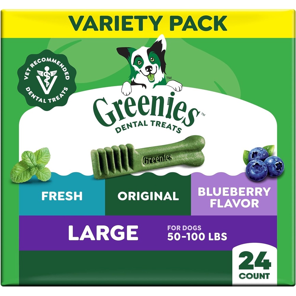 image:imageGreenies Large Natural Dental Dog Treats Blueberry Flavor 8 Count  Veterinarianrecommended for dogs 50100 lbs promotes oral health amp fresh breath 12 oz Pack clinically proven no fillersOriginal  Blueberry   Mint Variety Pack