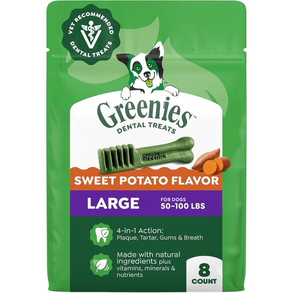 image:imageGreenies Large Natural Dental Dog Treats Sweet Potato Flavor 8 Count  Veterinarianrecommended for dogs 50100 lbs 47 less tartar amp 40 less plaque in 28 days freshens breath 36 oz Pack