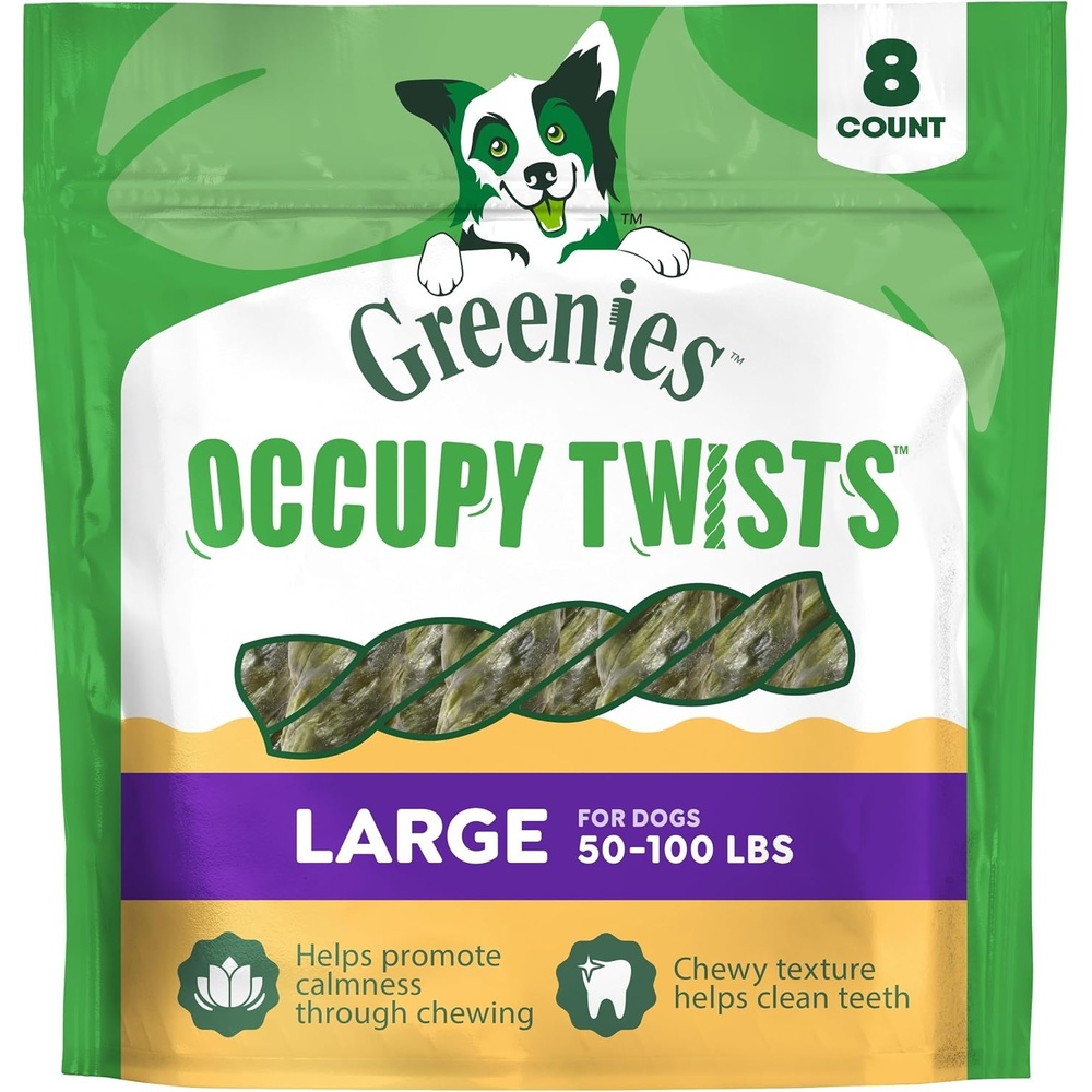 image:imageGreenies Occupy Twists Large Breed Dog Treats Chicken Flavor 8 Count  For dogs 50100 lbs promotes calmness through chewing rawhidefree helps clean teeth amp healthy gums 171 oz Pack8 Count Pack of 1