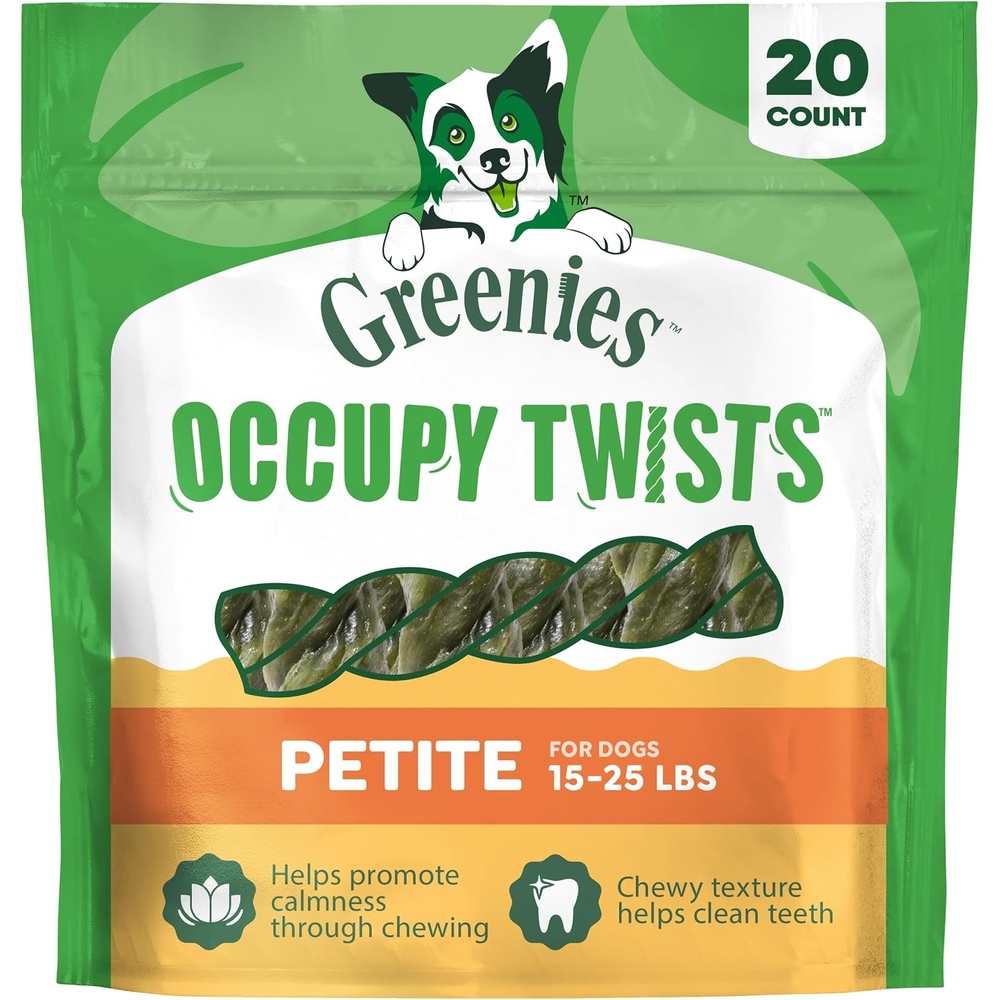 image:imageGreenies Occupy Twists Petite Breed Dog Treats Chicken Flavor 20 Count  Petite breed 1525 lbs rawhidefree helps clean teeth promotes calmness no artificial flavors 175 oz Pack20 Count Pack of 1