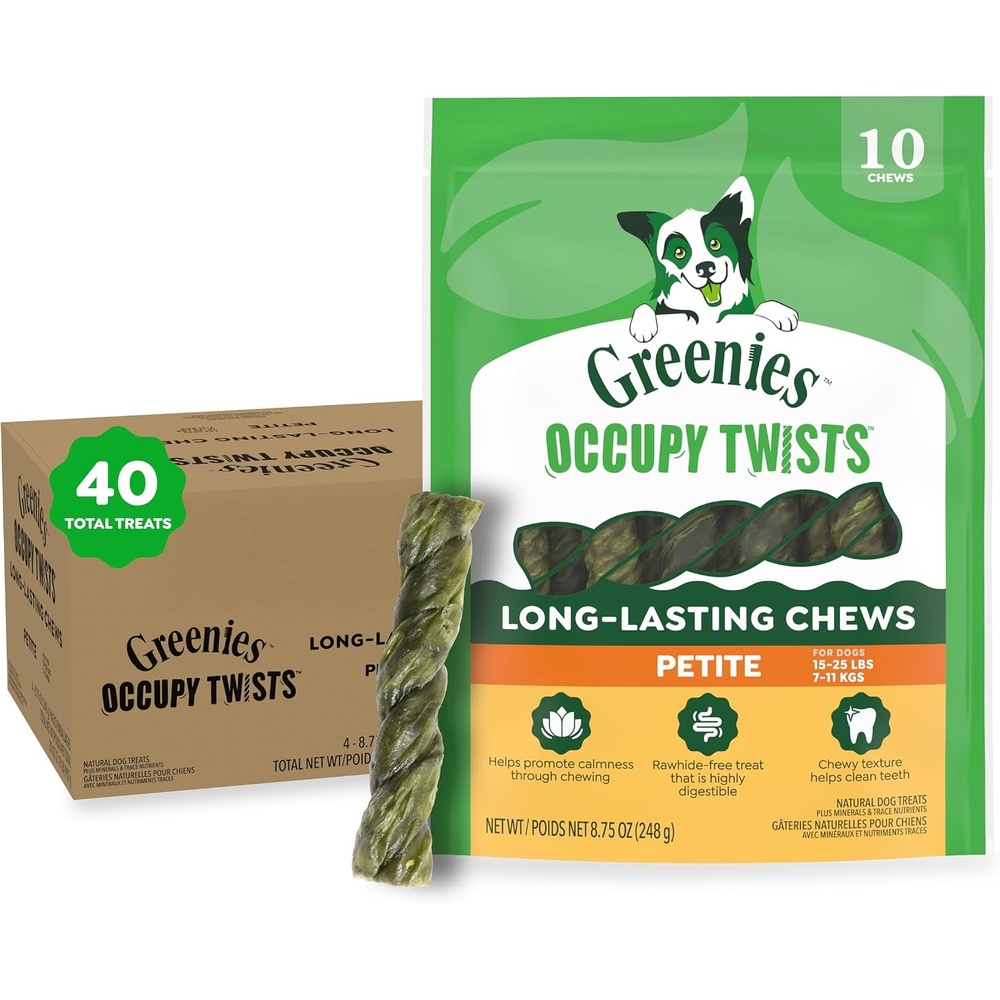 image:imageGreenies Occupy Twists Petite Breed Dog Treats Chicken Flavor 20 Count  Petite breed 1525 lbs rawhidefree helps clean teeth promotes calmness no artificial flavors 175 oz Pack40 Count Pack of 1
