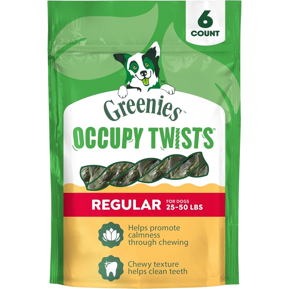 image:imageGreenies Occupy Twists Regular Breed Dog Treats Chicken Flavor 24 Count  For dogs 2550 lbs rawhidefree promotes calmness helps clean teeth highly digestible 346 oz Pack 24 CountChicken