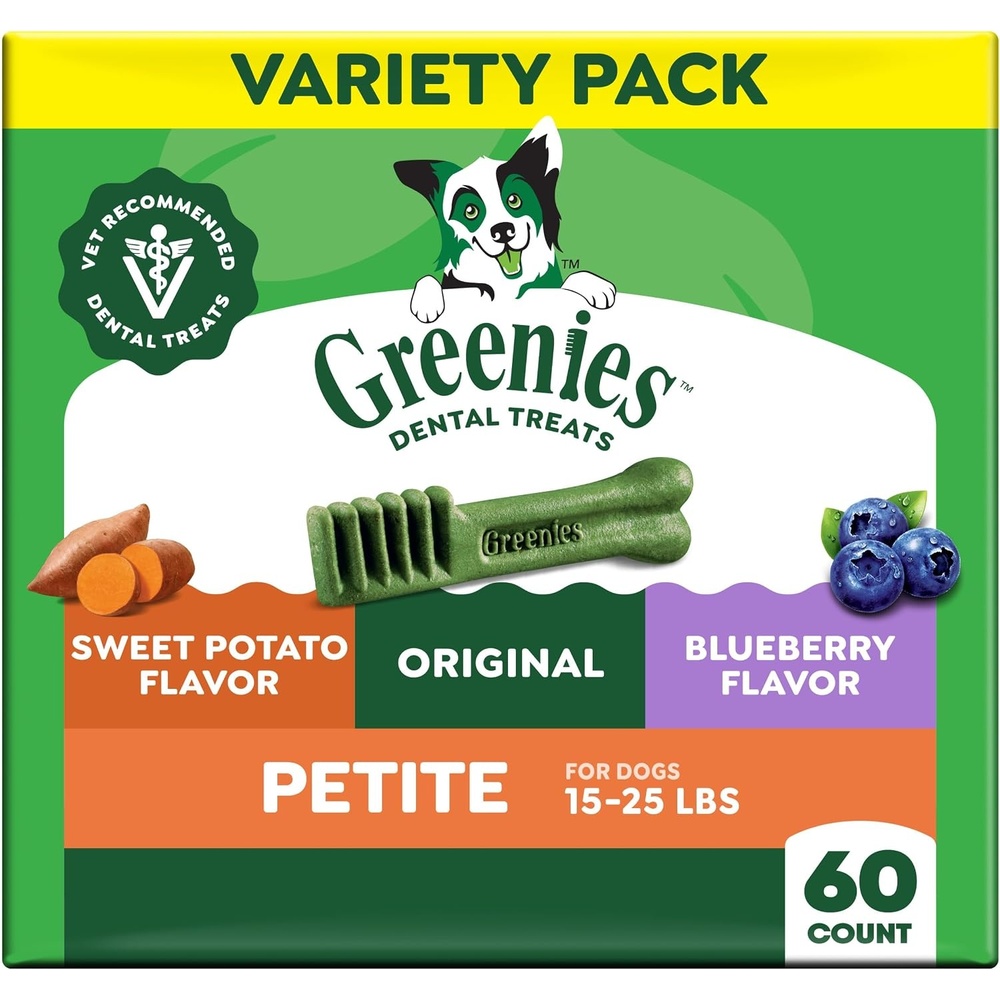 image:imageGreenies Petite Dental Dog Treats Flavor Variety Pack 60 Count  Vetrecommended Original Blueberry amp Sweet Potato flavors 47 less tartar amp 40 less plaque in 28 days for dogs 1525 lbsOriginal  Blueberry   Sweet Potato Variety Pack