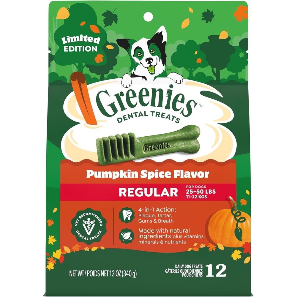 image:imageGreenies Regular Dental Dog Treats Flavor Variety Pack 36 Count  Veterinarianrecommended VOHC accepted Original Blueberry amp Sweet Potato flavors cleans to gumline for dogs 2550 lbsPumpkin Spice