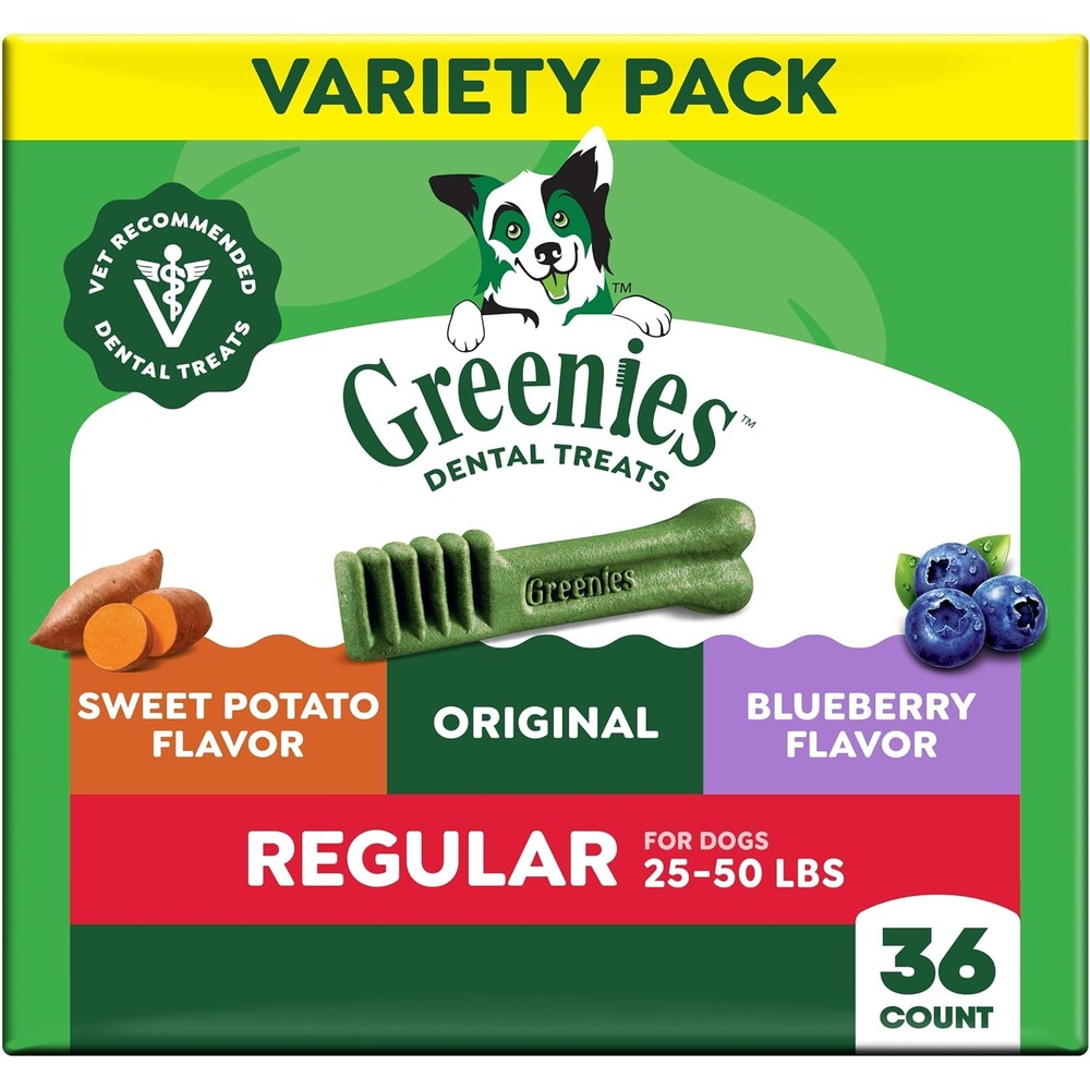 image:imageGreenies Regular Dental Dog Treats Flavor Variety Pack 36 Count  Veterinarianrecommended VOHC accepted Original Blueberry amp Sweet Potato flavors cleans to gumline for dogs 2550 lbsOriginal  Blueberry   Sweet Potato Variety Pack