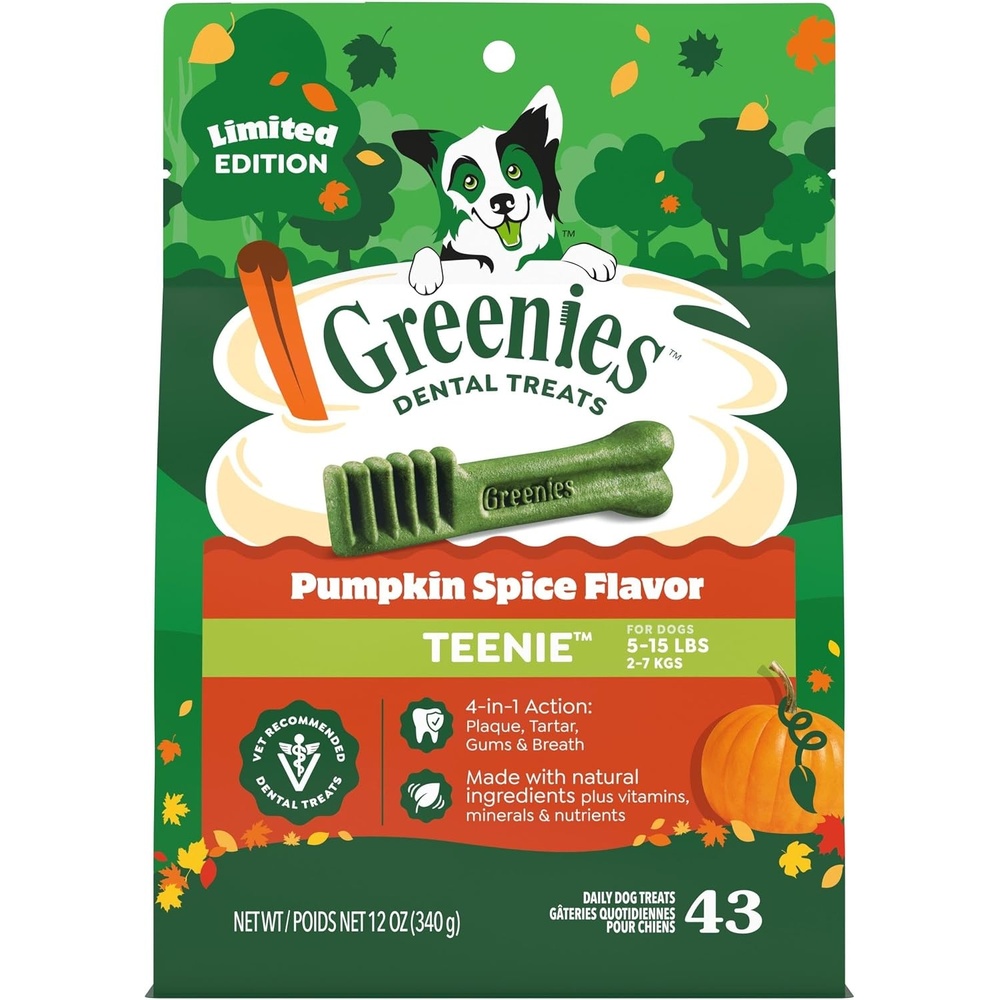 image:imageGreenies Teenie Natural Dental Dog Treats Pumpkin Spice Flavor 43 Count  Vetrecommended 47 less tartar amp 40 less plaque in 28 days cleans to gumline dogs 515 lbs limited edition 12 oz Pack