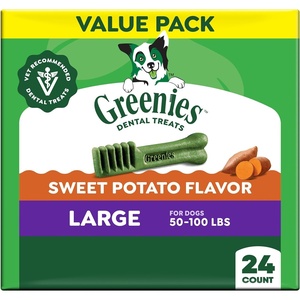 Greenies Large Natural Dental Dog Treats, Blueberry Flavor, 8 Count | Veterinarian-recommended, for dogs 50-100 lbs, promotes oral health & fresh breath, 12 oz Pack, clinically proven, no fillers(Sweet Potato)