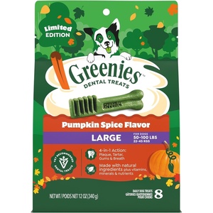 Greenies Large Natural Dental Dog Treats, Blueberry Flavor, 8 Count | Veterinarian-recommended, for dogs 50-100 lbs, promotes oral health & fresh breath, 12 oz Pack, clinically proven, no fillers(Pumpkin Spice)