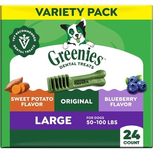 Greenies Large Natural Dental Dog Treats, Blueberry Flavor, 8 Count | Veterinarian-recommended, for dogs 50-100 lbs, promotes oral health & fresh breath, 12 oz Pack, clinically proven, no fillers(Original  Blueberry  & Sweet Potato Variety Pack)