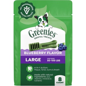 Greenies Large Natural Dental Dog Treats, Blueberry Flavor, 8 Count | Veterinarian-recommended, for dogs 50-100 lbs, promotes oral health & fresh breath, 12 oz Pack, clinically proven, no fillers(Blueberry)