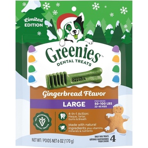 Greenies Large Natural Dental Dog Treats, Blueberry Flavor, 8 Count | Veterinarian-recommended, for dogs 50-100 lbs, promotes oral health & fresh breath, 12 oz Pack, clinically proven, no fillers(Gingerbread)