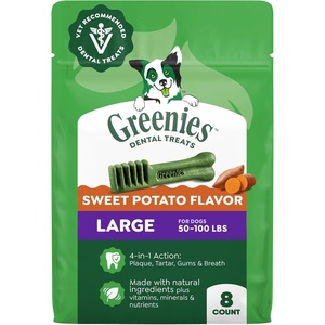 Greenies Large Natural Dental Dog Treats, Sweet Potato Flavor, 8 Count | Veterinarian-recommended, for dogs 50-100 lbs, 47% less tartar & 40% less plaque in 28 days, freshens breath, 36 oz. Pack