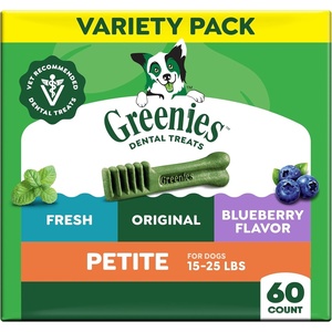 Greenies Petite Dental Dog Treats, Flavor Variety Pack, 60 Count | Vet-recommended, Original, Blueberry & Sweet Potato flavors, 47% less tartar & 40% less plaque in 28 days, for dogs 15-25 lbs(Original  Blueberry  & Mint Variety Pack)