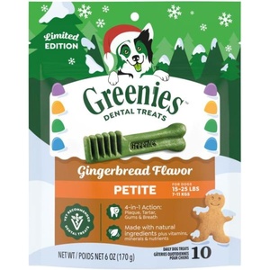 Greenies Petite Dental Dog Treats, Flavor Variety Pack, 60 Count | Vet-recommended, Original, Blueberry & Sweet Potato flavors, 47% less tartar & 40% less plaque in 28 days, for dogs 15-25 lbs(Gingerbread)