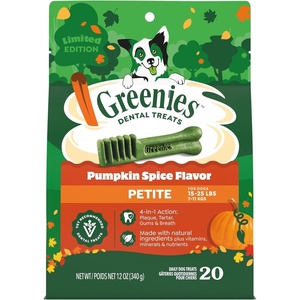Greenies Petite Dental Dog Treats, Flavor Variety Pack, 60 Count | Vet-recommended, Original, Blueberry & Sweet Potato flavors, 47% less tartar & 40% less plaque in 28 days, for dogs 15-25 lbs(Pumpkin Spice)