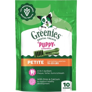 Greenies Petite Natural Dental Puppy Treats, Original Flavor, 10 Count | Clinically-proven, 47% less tartar & 40% less plaque in 28 days, cleans to gumline, dogs 15-25 lbs, 6 oz. pack(Original)