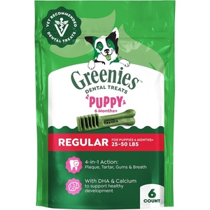 Greenies Puppy Regular Natural Dental Dog Treats, Original Flavor, 12 Count | Veterinarian-recommended, natural ingredients, cleans teeth & freshens breath, for puppies 25-50 lbs, 6 oz. Pack(Original)