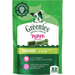 Greenies Puppy Teenie Natural Dental Dog Treats, Original Flavor, 22 Count | Veterinarian-recommended, natural ingredients, cleans teeth & freshens breath, for dogs 5-15 lbs, 6 oz. Pack(Original)