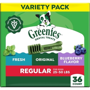 Greenies Regular Dental Dog Treats Flavor, Variety Pack, 36 Count | Veterinarian-recommended, VOHC accepted, Original, Blueberry & Sweet Potato flavors, cleans to gumline, for dogs 25-50 lbs.(Original  Blueberry  & Mint Variety Pack)