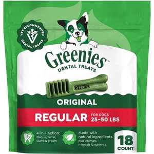 Greenies Regular Dental Dog Treats, Original Chicken Flavor, 36 Count | Clinically-proven, veterinarian-recommended, 47% less tartar & 40% less plaque in 28 days, for dogs 25-50 lbs, 36 oz. Pack(Original)