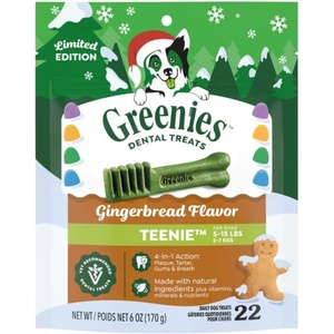 Greenies Teenie Natural Dental Dog Treats, Fresh Mint Flavor, 43 Count | Veterinarian-recommended, for dogs 5-15 lbs, cleans teeth, freshens breath, promotes oral health, 12 oz. Pack(Gingerbread)