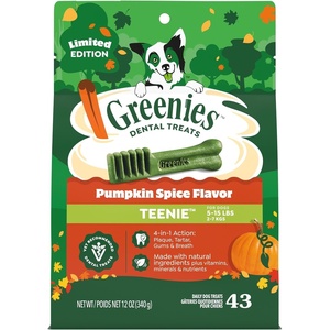 Greenies Teenie Natural Dental Dog Treats, Pumpkin Spice Flavor, 43 Count | Vet-recommended, 47% less tartar & 40% less plaque in 28 days, cleans to gumline, dogs 5-15 lbs, limited edition, 12 oz. Pack