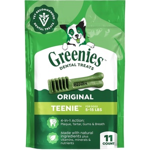 Greenies Teenie Original Natural Dental Dog Treats, Chicken, 22 Count | Clinically-proven, veterinarian-recommended, 47% less tartar & 40% less plaque in 28 days, for dogs 5-15 lbs, 6 oz. Pack(Original)